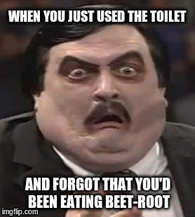 When you just used the toilet | WHEN YOU JUST USED THE TOILET; AND FORGOT THAT YOU'D BEEN EATING BEET-ROOT | image tagged in disgusted,beets,toilet,vegetables,vegan | made w/ Imgflip meme maker