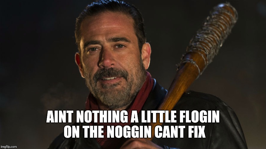 Walking Dead Negan | AINT NOTHING A LITTLE FLOGIN ON THE NOGGIN CANT FIX | image tagged in walking dead negan | made w/ Imgflip meme maker