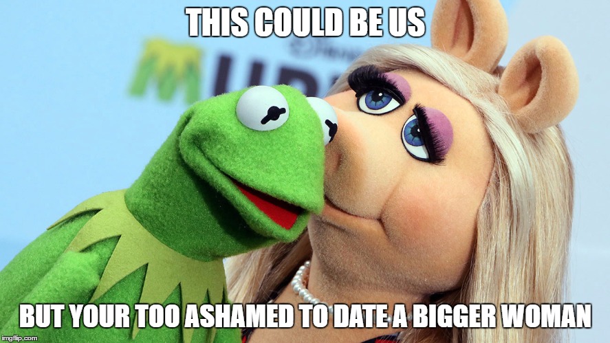 Proof Frogs are not shallow | THIS COULD BE US; BUT YOUR TOO ASHAMED TO DATE A BIGGER WOMAN | image tagged in kermit and miss piggy,memes,muppets,the muppets,kermit the frog,miss piggy | made w/ Imgflip meme maker