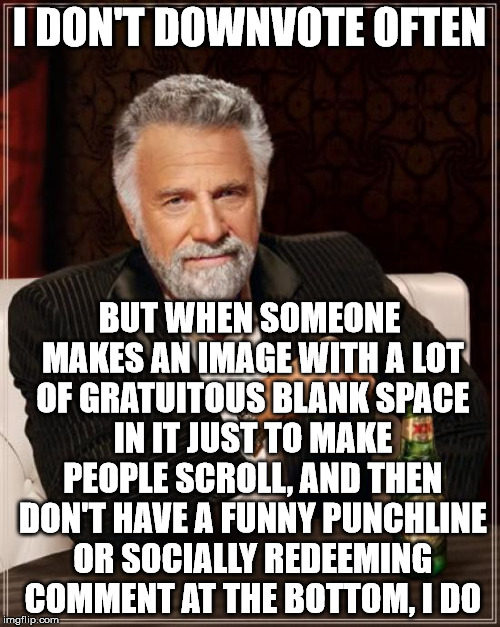 The Most Interesting Man In The World Meme | I DON'T DOWNVOTE OFTEN BUT WHEN SOMEONE MAKES AN IMAGE WITH A LOT OF GRATUITOUS BLANK SPACE IN IT JUST TO MAKE PEOPLE SCROLL, AND THEN DON'T | image tagged in memes,the most interesting man in the world | made w/ Imgflip meme maker