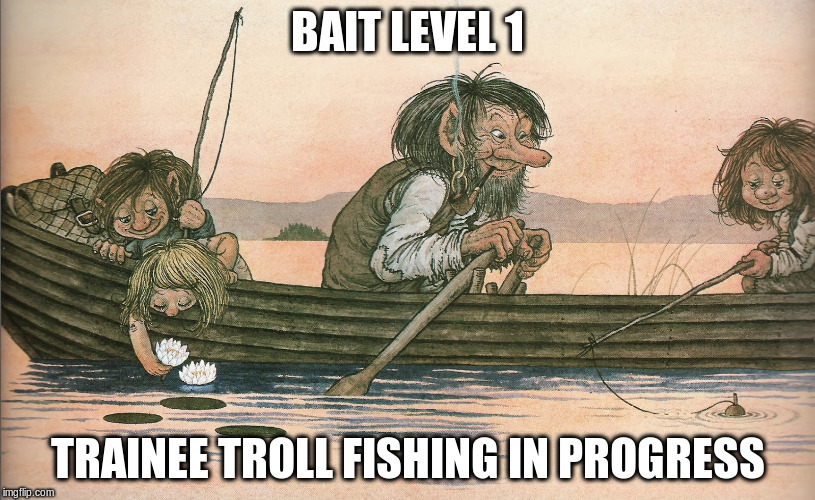BAIT LEVEL 1; TRAINEE TROLL FISHING IN PROGRESS | image tagged in trolls fishing | made w/ Imgflip meme maker