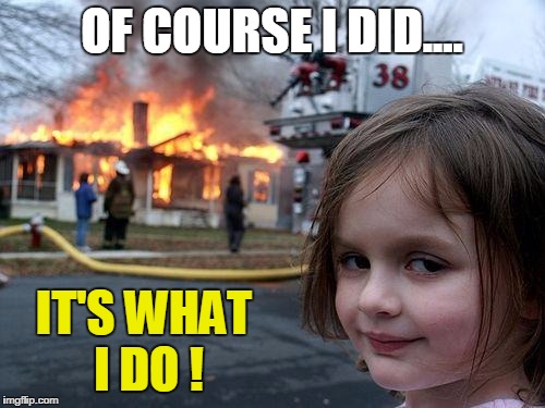 Disaster Girl Meme | OF COURSE I DID.... IT'S WHAT I DO ! | image tagged in memes,disaster girl | made w/ Imgflip meme maker