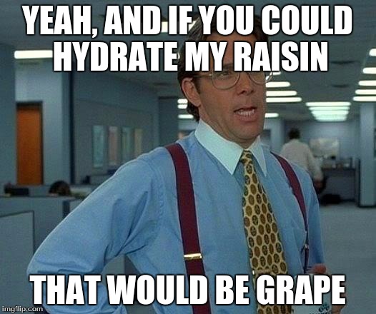 No, that would be hydrated raisin... | YEAH, AND IF YOU COULD HYDRATE MY RAISIN; THAT WOULD BE GRAPE | image tagged in memes,that would be great | made w/ Imgflip meme maker