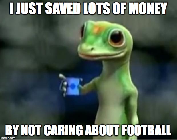 Geico Gecko | I JUST SAVED LOTS OF MONEY; BY NOT CARING ABOUT FOOTBALL | image tagged in geico gecko | made w/ Imgflip meme maker