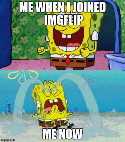 spongebob happy and sad | ME WHEN I JOINED IMGFLIP; ME NOW | image tagged in spongebob happy and sad | made w/ Imgflip meme maker