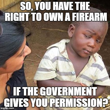 Third World Skeptical Kid Meme | SO, YOU HAVE THE RIGHT TO OWN A FIREARM IF THE GOVERNMENT GIVES YOU PERMISSION? | image tagged in memes,third world skeptical kid | made w/ Imgflip meme maker