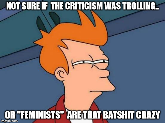 Futurama Fry | NOT SURE IF  THE CRITICISM WAS TROLLING.. OR "FEMINISTS"  ARE THAT BATSHIT CRAZY | image tagged in memes,futurama fry | made w/ Imgflip meme maker