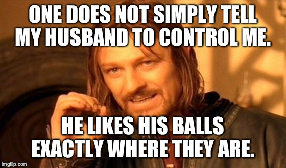 One Does Not Simply | ONE DOES NOT SIMPLY TELL MY HUSBAND TO CONTROL ME. HE LIKES HIS BALLS EXACTLY WHERE THEY ARE. | image tagged in memes,one does not simply | made w/ Imgflip meme maker