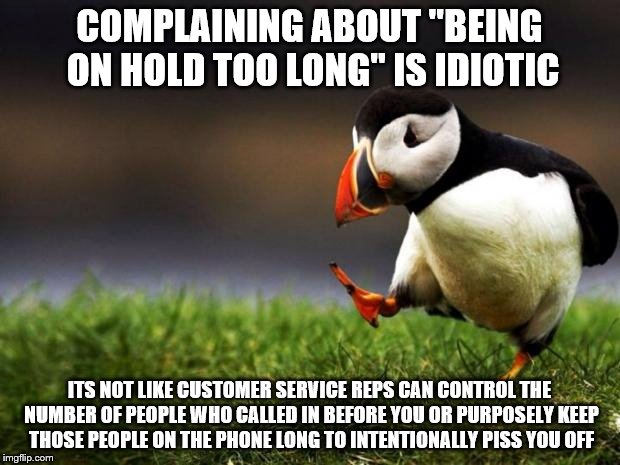 Having Worked In Customer Service and Having Respect For The BS They Deal With, This One Particularly Annoys Me | COMPLAINING ABOUT "BEING ON HOLD TOO LONG" IS IDIOTIC; ITS NOT LIKE CUSTOMER SERVICE REPS CAN CONTROL THE NUMBER OF PEOPLE WHO CALLED IN BEFORE YOU OR PURPOSELY KEEP THOSE PEOPLE ON THE PHONE LONG TO INTENTIONALLY PISS YOU OFF | image tagged in memes,unpopular opinion puffin | made w/ Imgflip meme maker