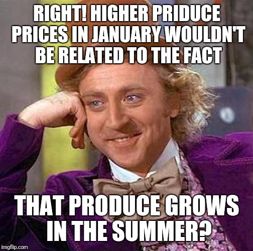 Creepy Condescending Wonka Meme | RIGHT! HIGHER PRIDUCE PRICES IN JANUARY WOULDN'T BE RELATED TO THE FACT THAT PRODUCE GROWS IN THE SUMMER? | image tagged in memes,creepy condescending wonka | made w/ Imgflip meme maker