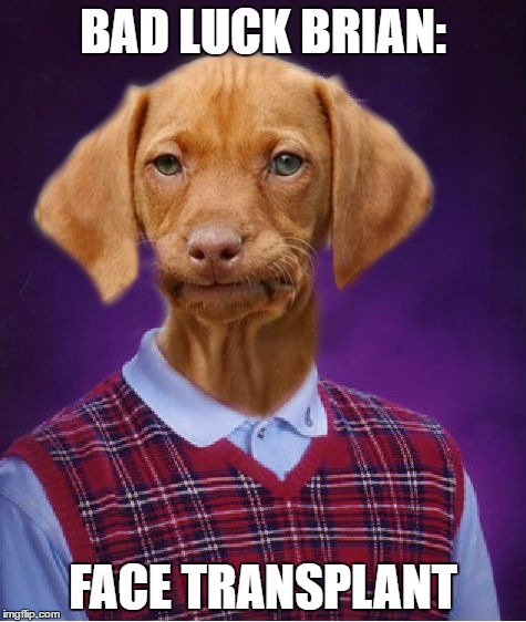 Bad luck brian gets tired of how ugly he is. | BAD LUCK BRIAN:; FACE TRANSPLANT | image tagged in bad luck brian,raydog,bad luck raydog,funny,memes | made w/ Imgflip meme maker