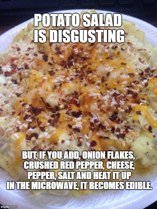 Potato Salad is disgusting | POTATO SALAD IS DISGUSTING; BUT, IF YOU ADD, ONION FLAKES, CRUSHED RED PEPPER, CHEESE, PEPPER, SALT AND HEAT IT UP IN THE MICROWAVE, IT BECOMES EDIBLE. | image tagged in potato salad,disgusting,fixedit | made w/ Imgflip meme maker