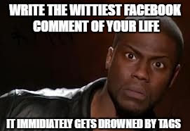 Kevin Hart | WRITE THE WITTIEST FACEBOOK COMMENT OF YOUR LIFE; IT IMMIDIATELY GETS DROWNED BY TAGS | image tagged in memes,kevin hart the hell | made w/ Imgflip meme maker