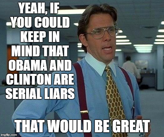 That Would Be Great Meme | YEAH, IF YOU COULD KEEP IN MIND THAT OBAMA AND CLINTON ARE SERIAL LIARS THAT WOULD BE GREAT | image tagged in memes,that would be great | made w/ Imgflip meme maker