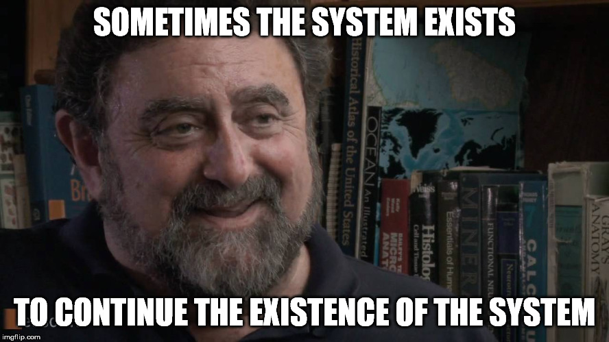 james fallon | SOMETIMES THE SYSTEM EXISTS TO CONTINUE THE EXISTENCE OF THE SYSTEM | image tagged in james fallon | made w/ Imgflip meme maker