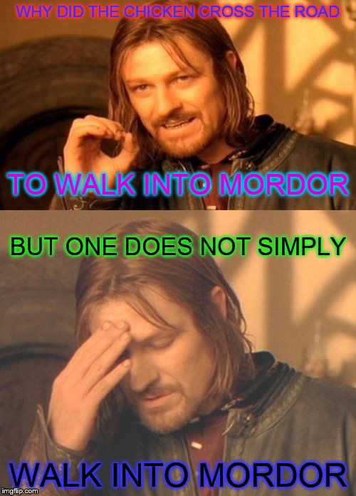 WHY DID THE CHICKEN CROSS THE ROAD; TO WALK INTO MORDOR; BUT ONE DOES NOT SIMPLY; WALK INTO MORDOR | image tagged in conflicted boromir | made w/ Imgflip meme maker