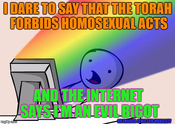rainbow glare screen | I DARE TO SAY THAT THE TORAH FORBIDS HOMOSEXUAL ACTS; AND THE INTERNET SAYS I'M AN EVIL BIGOT; ORTHODOX JEWS FOR MORALITY | image tagged in rainbow glare screen | made w/ Imgflip meme maker