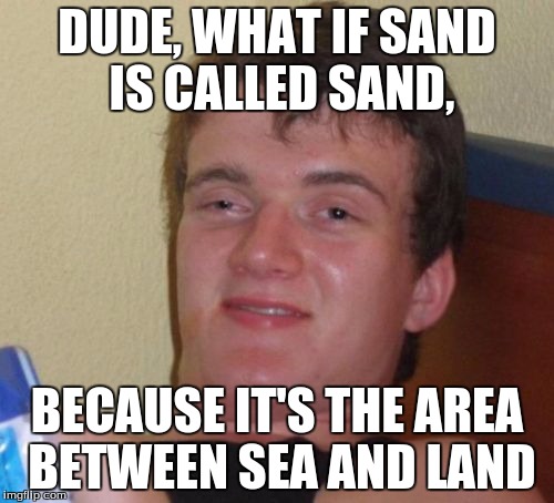 Bruh | DUDE, WHAT IF SAND IS CALLED SAND, BECAUSE IT'S THE AREA BETWEEN SEA AND LAND | image tagged in memes,10 guy | made w/ Imgflip meme maker