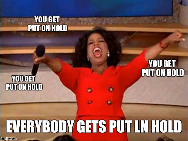 Oprah You Get A Meme | YOU GET PUT ON HOLD EVERYBODY GETS PUT LN HOLD YOU GET PUT ON HOLD YOU GET PUT ON HOLD | image tagged in memes,oprah you get a | made w/ Imgflip meme maker