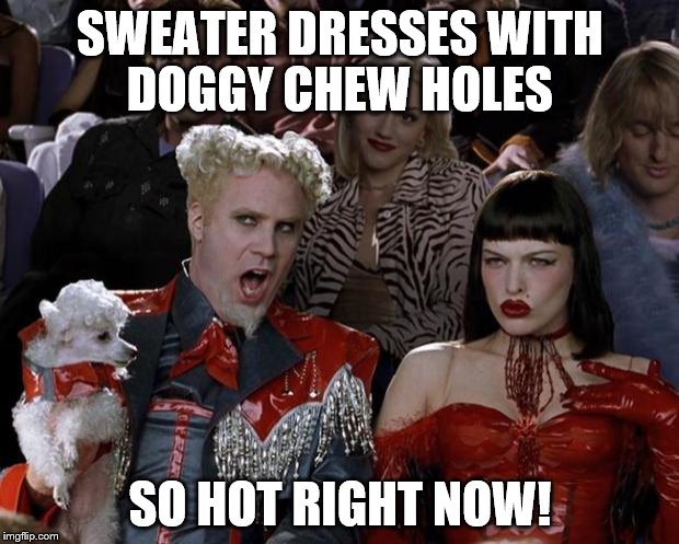Mugatu So Hot Right Now Meme | SWEATER DRESSES WITH DOGGY CHEW HOLES SO HOT RIGHT NOW! | image tagged in memes,mugatu so hot right now | made w/ Imgflip meme maker