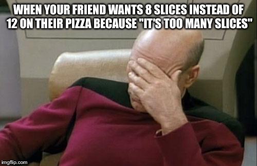 Captain Picard Facepalm | WHEN YOUR FRIEND WANTS 8 SLICES INSTEAD OF 12 ON THEIR PIZZA BECAUSE "IT'S TOO MANY SLICES" | image tagged in memes,captain picard facepalm | made w/ Imgflip meme maker