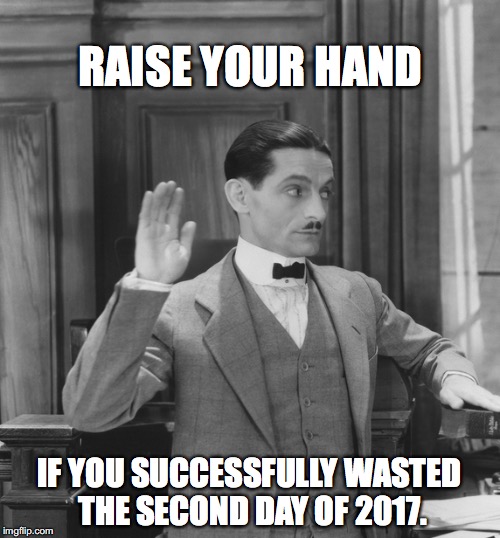 RAISE YOUR HAND; IF YOU SUCCESSFULLY WASTED THE SECOND DAY OF 2017. | image tagged in 2017,happy new year | made w/ Imgflip meme maker