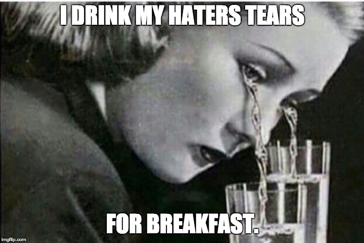 Haters | I DRINK MY HATERS TEARS; FOR BREAKFAST. | image tagged in haters,crying,tears,angry | made w/ Imgflip meme maker