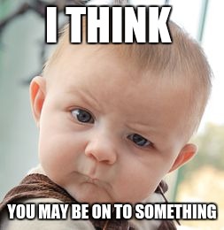 Skeptical Baby Meme | I THINK; YOU MAY BE ON TO SOMETHING | image tagged in memes,skeptical baby | made w/ Imgflip meme maker