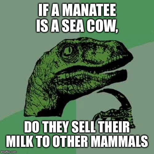 Philosoraptor Meme | IF A MANATEE IS A SEA COW, DO THEY SELL THEIR MILK TO OTHER MAMMALS | image tagged in memes,philosoraptor | made w/ Imgflip meme maker