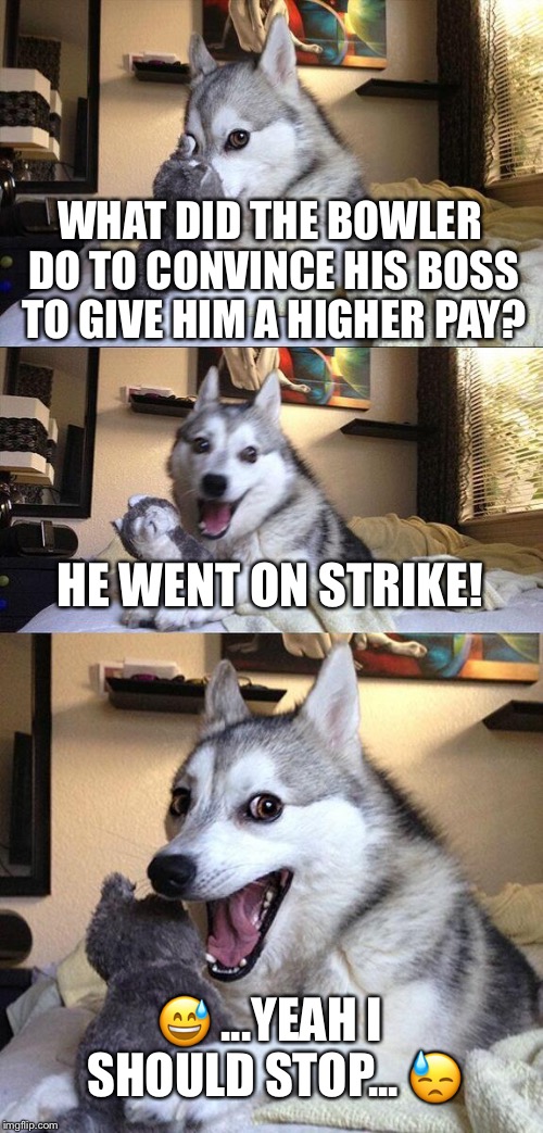 i <3 boling. iz y i yuz juk. | WHAT DID THE BOWLER DO TO CONVINCE HIS BOSS TO GIVE HIM A HIGHER PAY? HE WENT ON STRIKE! 😅 ...YEAH I SHOULD STOP... 😓 | image tagged in memes,bad pun dog,bowling cause why not | made w/ Imgflip meme maker