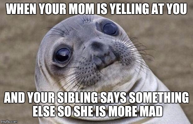 Awkward Moment Sealion | WHEN YOUR MOM IS YELLING AT YOU; AND YOUR SIBLING SAYS SOMETHING ELSE SO SHE IS MORE MAD | image tagged in memes,awkward moment sealion | made w/ Imgflip meme maker