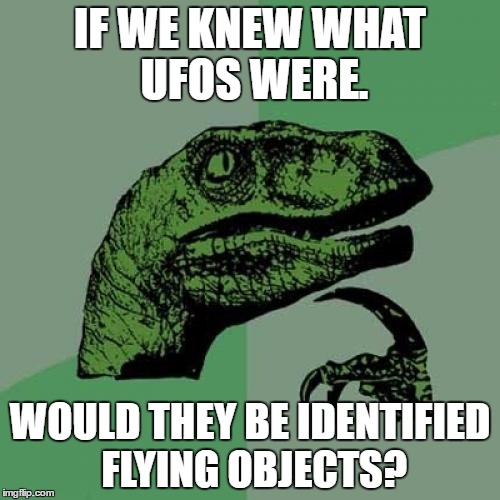 Philosoraptor Meme | IF WE KNEW WHAT UFOS WERE. WOULD THEY BE IDENTIFIED FLYING OBJECTS? | image tagged in memes,philosoraptor | made w/ Imgflip meme maker