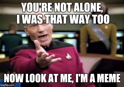 Picard Wtf Meme | YOU'RE NOT ALONE, I WAS THAT WAY TOO NOW LOOK AT ME, I'M A MEME | image tagged in memes,picard wtf | made w/ Imgflip meme maker