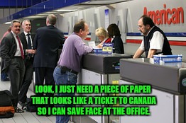 LOOK, I JUST NEED A PIECE OF PAPER THAT LOOKS LIKE A TICKET TO CANADA SO I CAN SAVE FACE AT THE OFFICE. | made w/ Imgflip meme maker