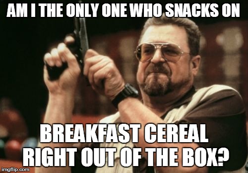 Am I The Only One Around Here Meme | AM I THE ONLY ONE WHO SNACKS ON BREAKFAST CEREAL RIGHT OUT OF THE BOX? | image tagged in memes,am i the only one around here | made w/ Imgflip meme maker
