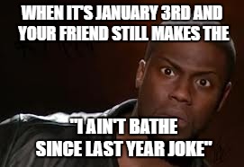 Kevin Hart | WHEN IT'S JANUARY 3RD AND YOUR FRIEND STILL MAKES THE; "I AIN'T BATHE SINCE LAST YEAR JOKE" | image tagged in memes,kevin hart the hell | made w/ Imgflip meme maker
