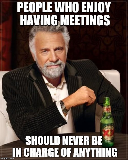 The Most Interesting Man In The World Meme | PEOPLE WHO ENJOY HAVING MEETINGS SHOULD NEVER BE IN CHARGE OF ANYTHING | image tagged in memes,the most interesting man in the world | made w/ Imgflip meme maker