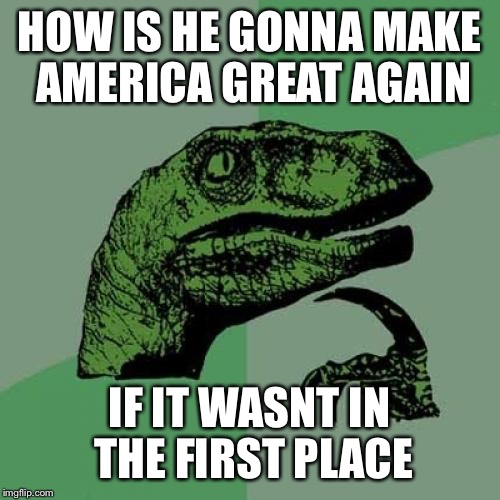 Philosoraptor Meme | HOW IS HE GONNA MAKE AMERICA GREAT AGAIN; IF IT WASNT IN THE FIRST PLACE | image tagged in memes,philosoraptor | made w/ Imgflip meme maker
