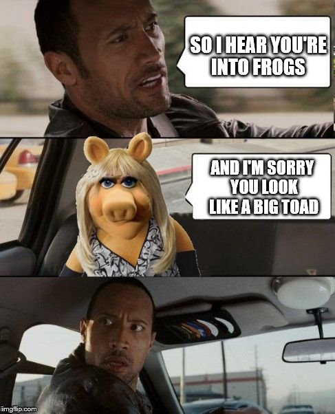 Miss Piggy Punks Rock | SO I HEAR YOU'RE INTO FROGS; AND I'M SORRY YOU LOOK LIKE A BIG TOAD | image tagged in miss piggy rocks,memes,the rock driving,miss piggy | made w/ Imgflip meme maker