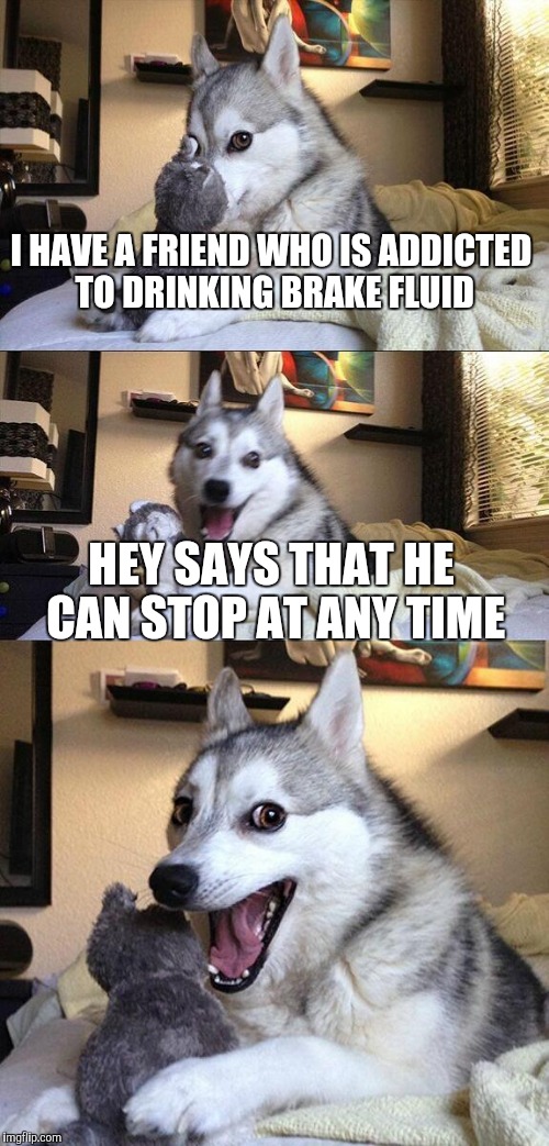 Bad Pun Dog | I HAVE A FRIEND WHO IS ADDICTED TO DRINKING BRAKE FLUID; HEY SAYS THAT HE CAN STOP AT ANY TIME | image tagged in memes,bad pun dog | made w/ Imgflip meme maker