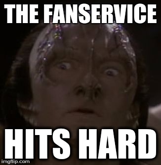 When you're watching an anime and didn't notice the ecchi tag. | THE FANSERVICE; HITS HARD | image tagged in shocked cardassian,star trek,sexual innuendo,chinese cartoons,anime,ecchi | made w/ Imgflip meme maker