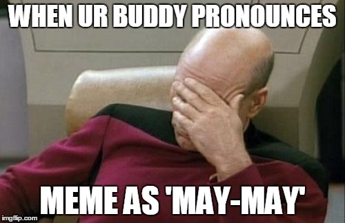 Captain Picard Facepalm Meme | WHEN UR BUDDY PRONOUNCES; MEME AS 'MAY-MAY' | image tagged in memes,captain picard facepalm | made w/ Imgflip meme maker