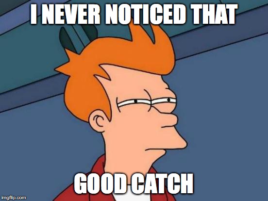 Futurama Fry Meme | I NEVER NOTICED THAT GOOD CATCH | image tagged in memes,futurama fry | made w/ Imgflip meme maker