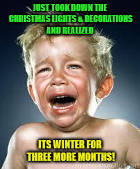 Crying Baby | JUST TOOK DOWN THE CHRISTMAS LIGHTS & DECORATIONS AND REALIZED; ITS WINTER FOR THREE MORE MONTHS! | image tagged in crying baby | made w/ Imgflip meme maker