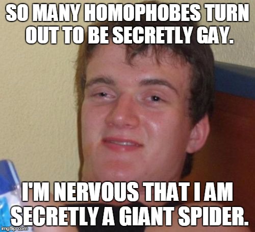 10 Guy Meme | SO MANY HOMOPHOBES TURN OUT TO BE SECRETLY GAY. I'M NERVOUS THAT I AM SECRETLY A GIANT SPIDER. | image tagged in memes,10 guy | made w/ Imgflip meme maker
