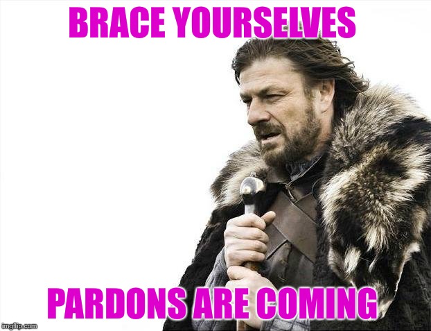 Will Hillary be one of them? | BRACE YOURSELVES; PARDONS ARE COMING | image tagged in memes,brace yourselves x is coming,obama,hillary,trump,pardon | made w/ Imgflip meme maker