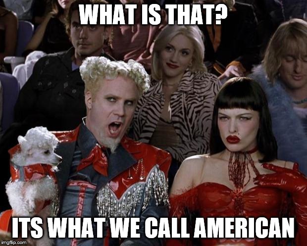 Mugatu So Hot Right Now | WHAT IS THAT? ITS WHAT WE CALL AMERICAN | image tagged in memes,mugatu so hot right now | made w/ Imgflip meme maker