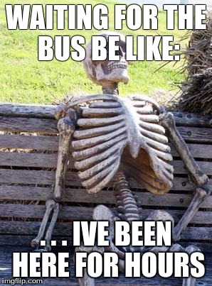 Waiting Skeleton Meme | WAITING FOR THE BUS BE LIKE:; . . . IVE BEEN HERE FOR HOURS | image tagged in memes,waiting skeleton | made w/ Imgflip meme maker