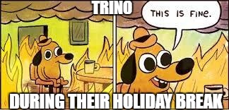 This Is Fine | TRINO; DURING THEIR HOLIDAY BREAK | image tagged in this is fine | made w/ Imgflip meme maker