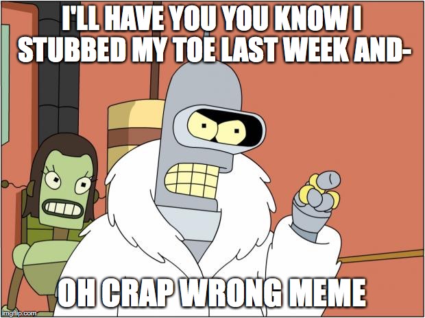 Bender Meme | I'LL HAVE YOU YOU KNOW I STUBBED MY TOE LAST WEEK AND-; OH CRAP WRONG MEME | image tagged in memes,bender | made w/ Imgflip meme maker